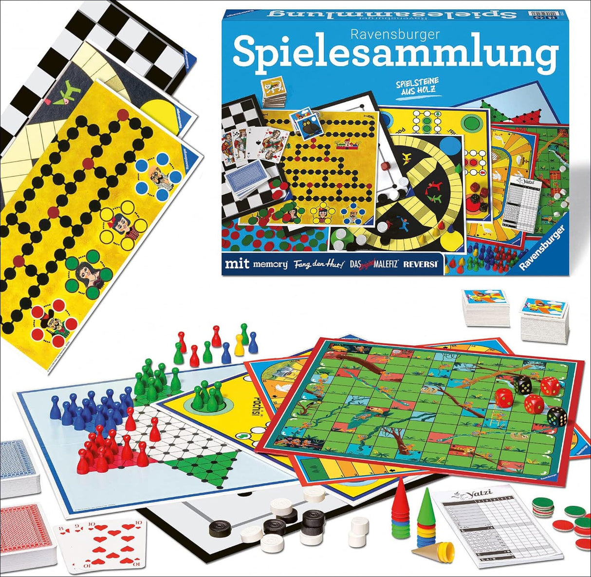 Brettspiele, Spielsteine, Karten, Würfel und Spielmaterialien für verschiedene Gesellschaftsspiele.