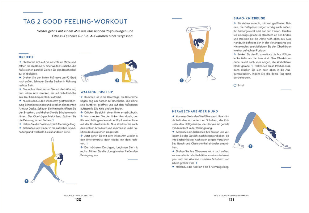 Illustrationen von Yoga-Übungen: Dreieck, Walking Push-Up, Sumokniebeuge, herabschauender Hund.
