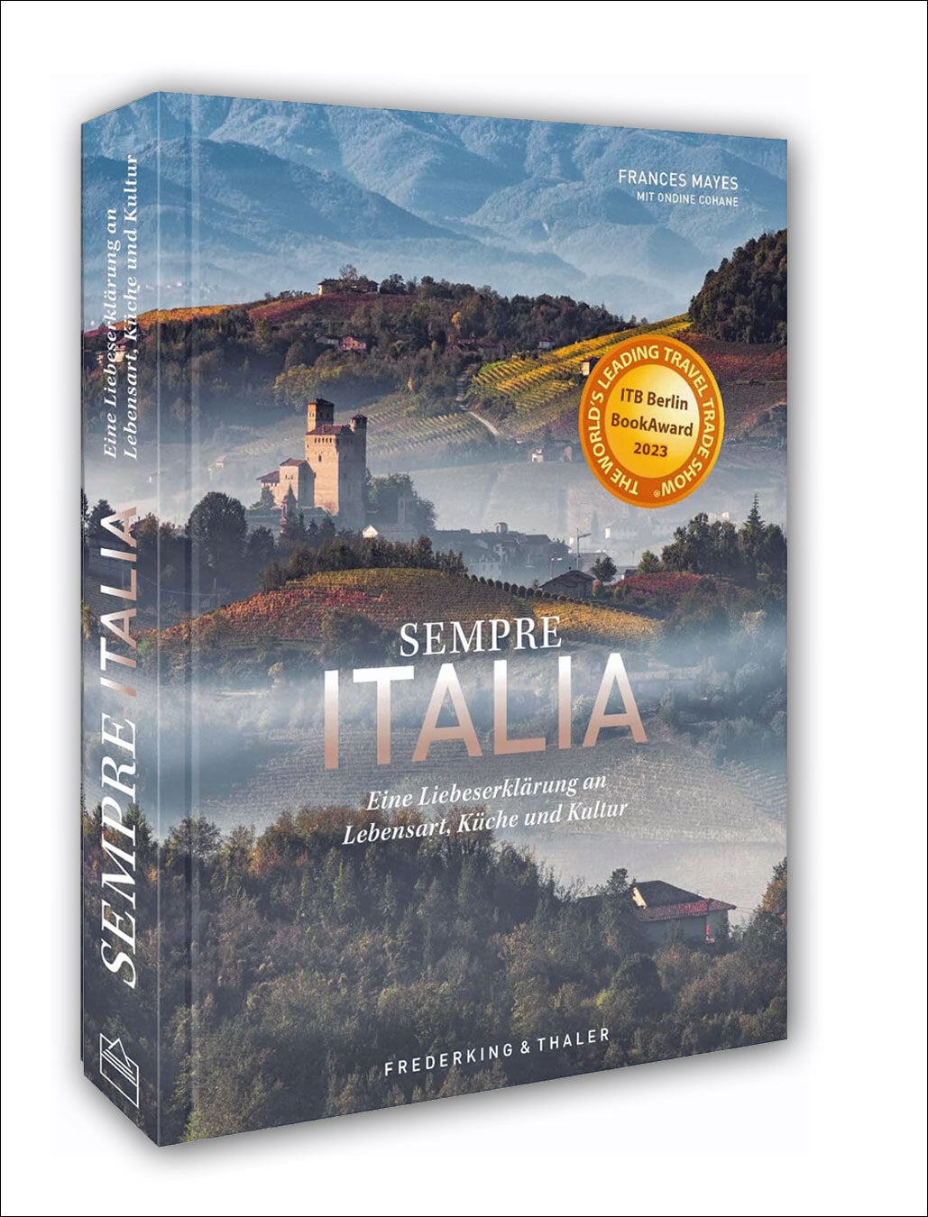 Buchcover mit italienischer Landschaft, Hügel, Weinberge, Häuser und Berge im Hintergrund.