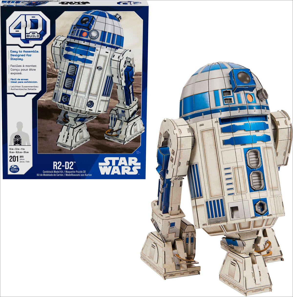 Papiermodell von R2-D2 aus LEGO, mit Verpackung im Hintergrund.