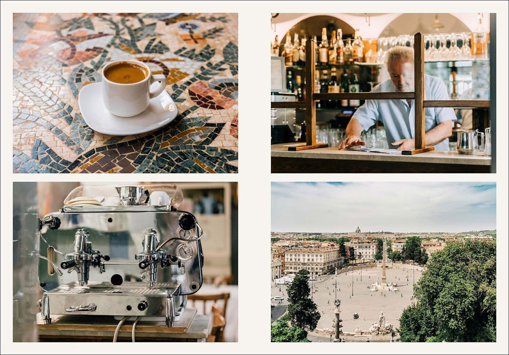 Kaffeetasse auf Mosaiktisch, Barista hinter Bar, Espressomaschine, Blick auf Piazza mit Obelisk und Gebäuden.