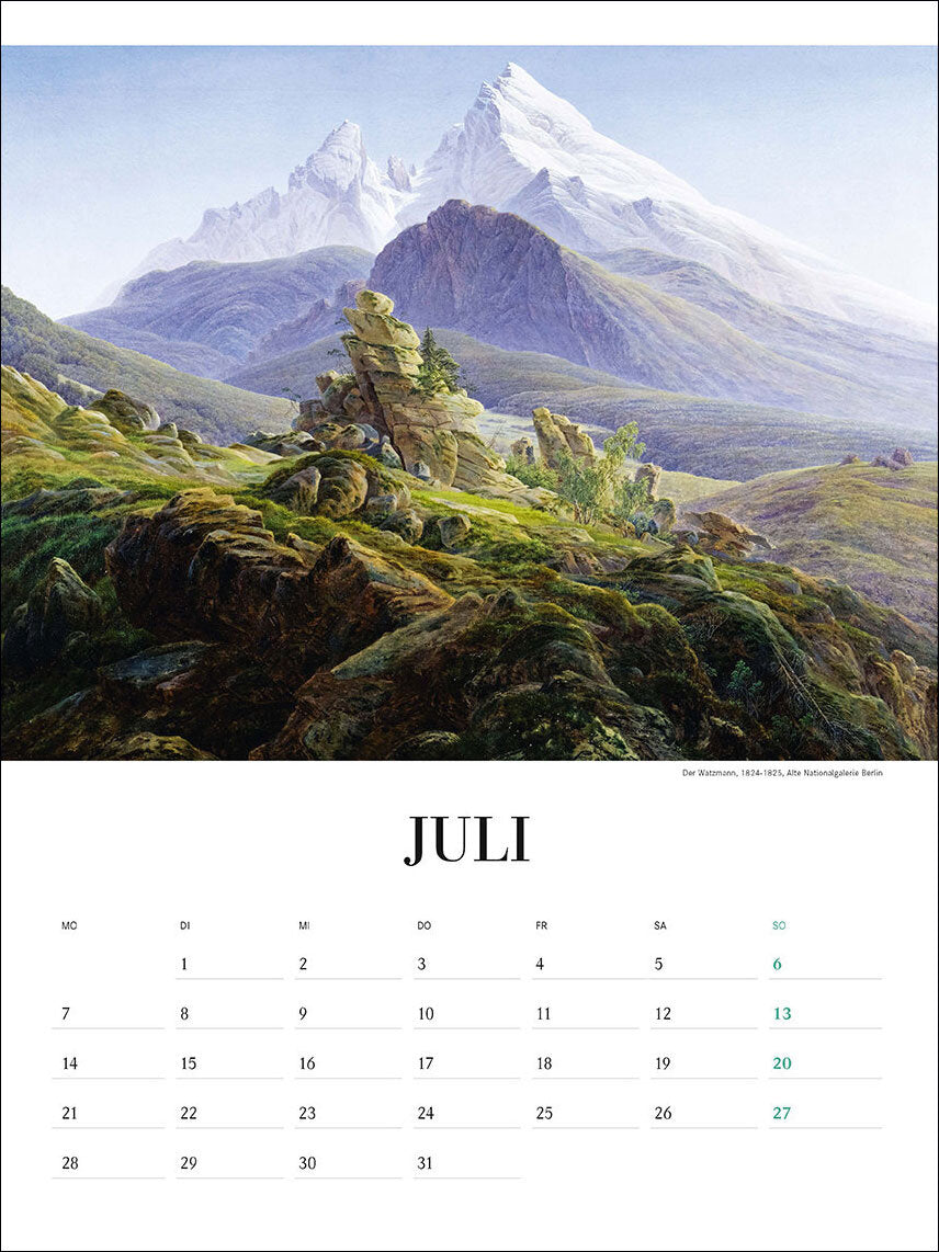 Kalenderblatt für Juli mit Berglandschaft und schneebedeckten Gipfeln im Hintergrund.