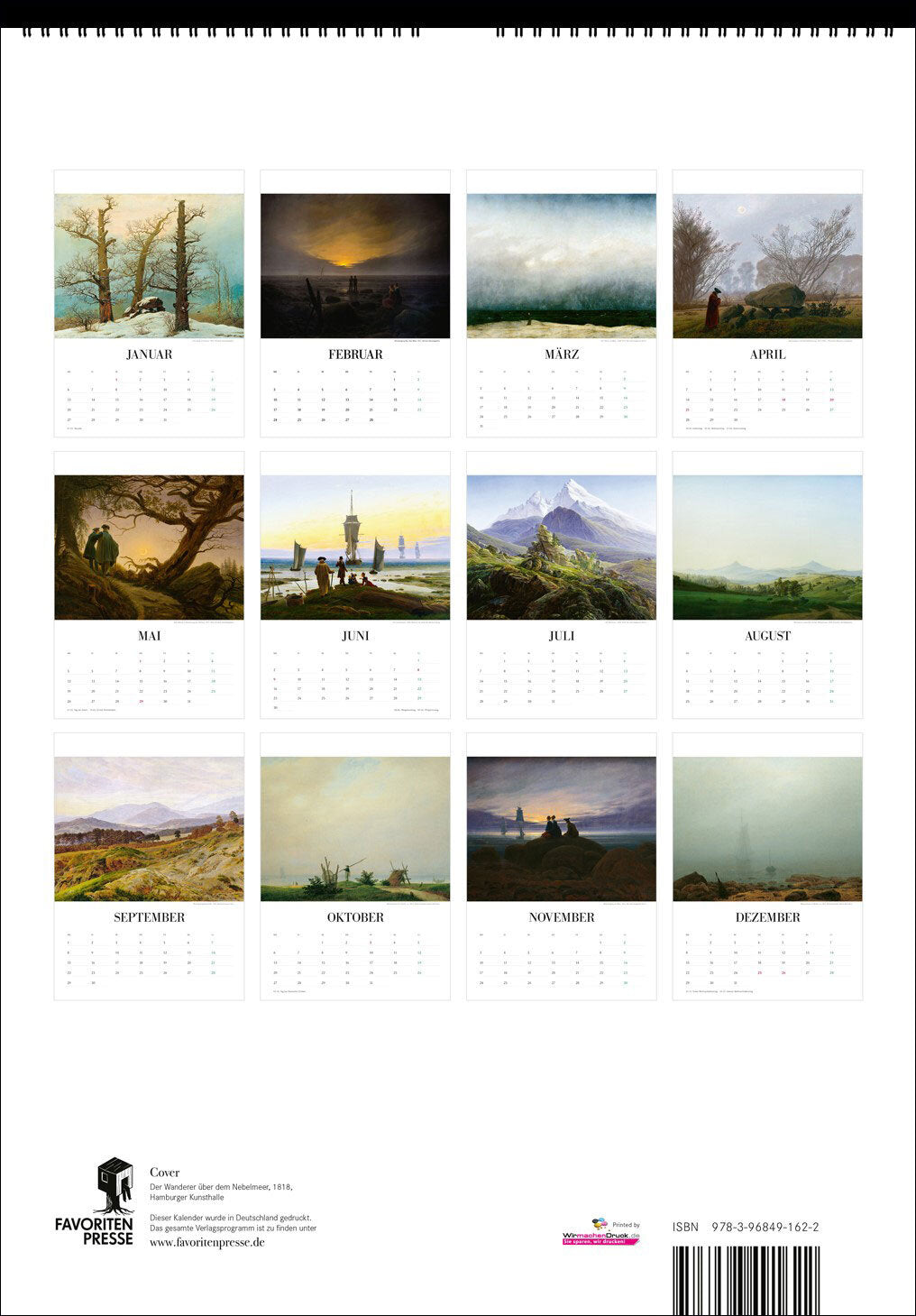 Kalender mit Monatsbildern, jeweils mit Landschafts- und Naturmotiven, von Januar bis Dezember.