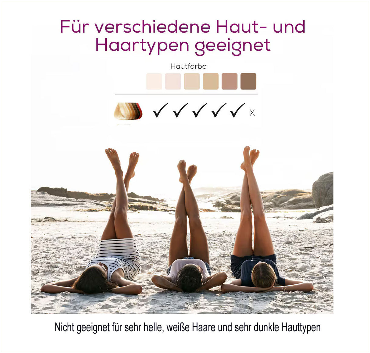 Drei Menschen liegen am Strand mit gestreckten Beinen, Blick nach oben, im Sonnenlicht.