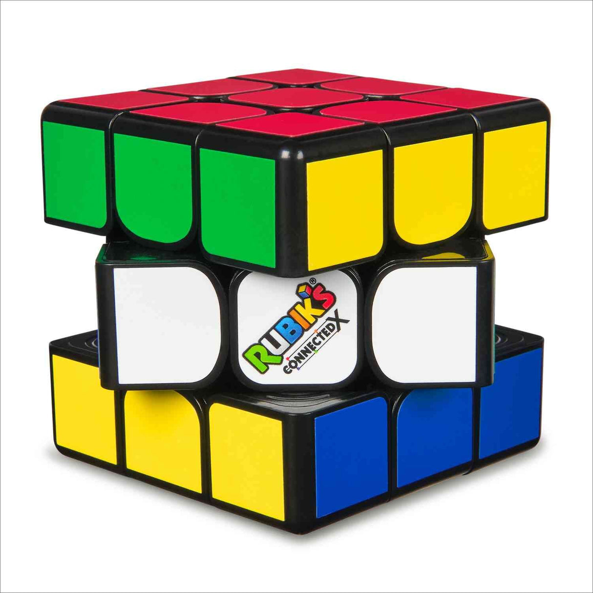 Mehrere Rubik's Cubes, darunter ein 3x3, übereinander gestapelt, mit "RUBIK'S CONNECTED" Logo in der Mitte.