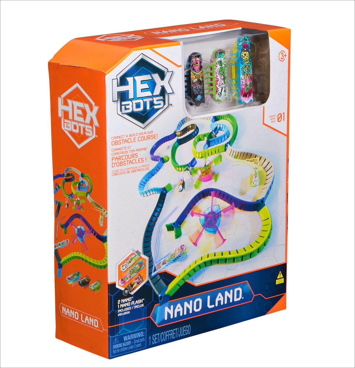 Spielzeug-Set "Hex Bots Nano Land" mit bunten, flexiblen Bahnen und drei Figuren, für Kinder ab 3 Jahren.