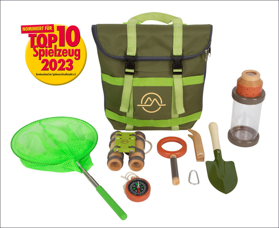 Grüner Kinderspielzeug-Set mit Tasche, Schaufel, Kompass, Wasserflasche, Netz, Lupe, Kerze, Karabiner und Spielzeug-Objekte.