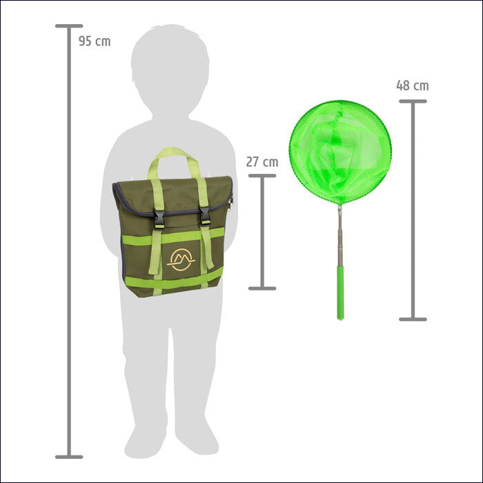 Grüner Kescher, Rucksack, Maße: 95 cm, 27 cm, 48 cm, an Silhouette eines Kindes.