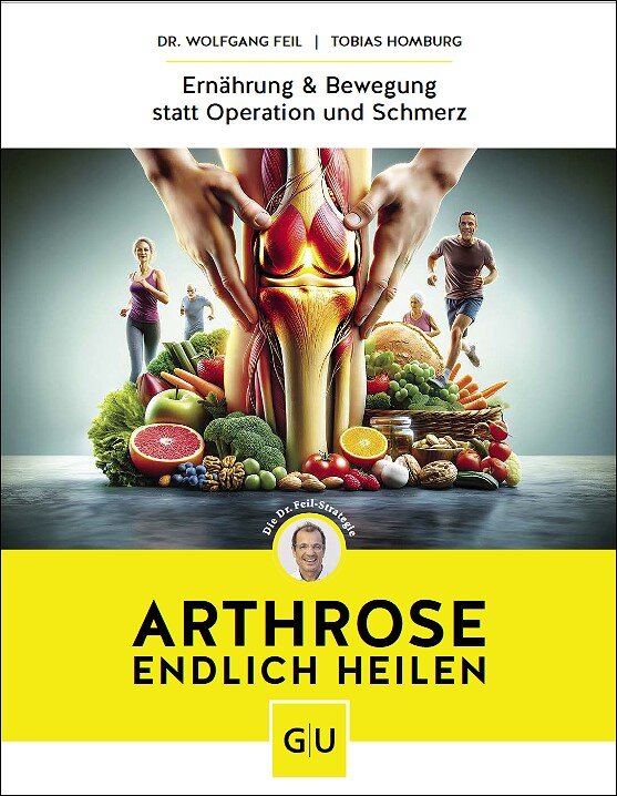 Buchcover mit einem Knie, umgeben von Obst und Gemüse, und Menschen beim Joggen im Hintergrund.