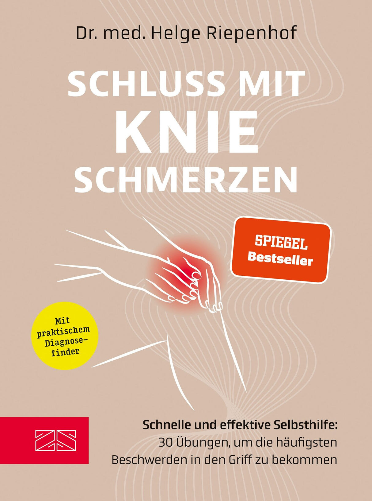 Buchcover mit Hand, die auf das Knie zeigt, und Text: "Schluss mit Knieschmerzen", Autorin Helge Riepenhof, "SPIEGEL Bestseller".
