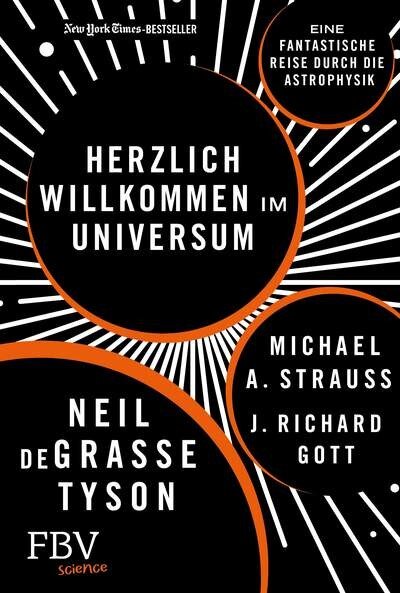 Buchcover mit schwarzem Hintergrund, weißen Linien, orange Akzenten und Text über Astronomie und Wissenschaft.