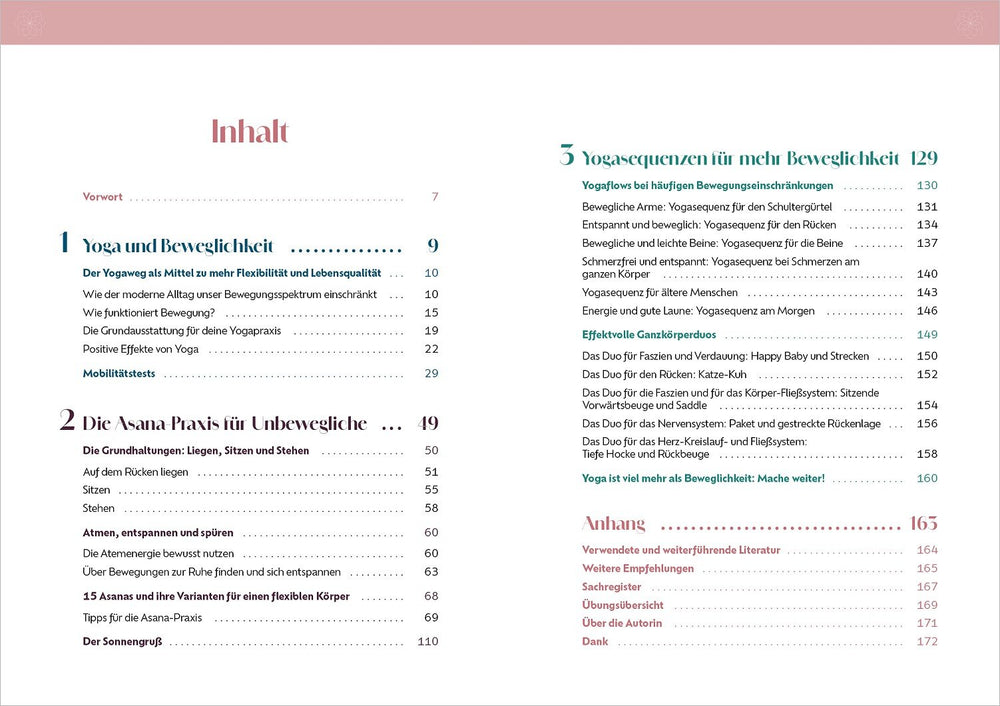 Inhaltsverzeichnis mit Kapiteln zu Yoga, Beweglichkeit, Asana-Praxis, Yoga-Sequenzen, Ganzkörperübungen und Anhängen.