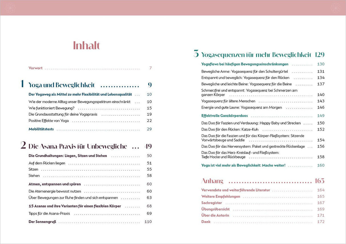 Inhaltsverzeichnis mit Kapiteln zu Yoga, Beweglichkeit, Asana-Praxis, Yoga-Sequenzen, Ganzkörperübungen und Anhängen.