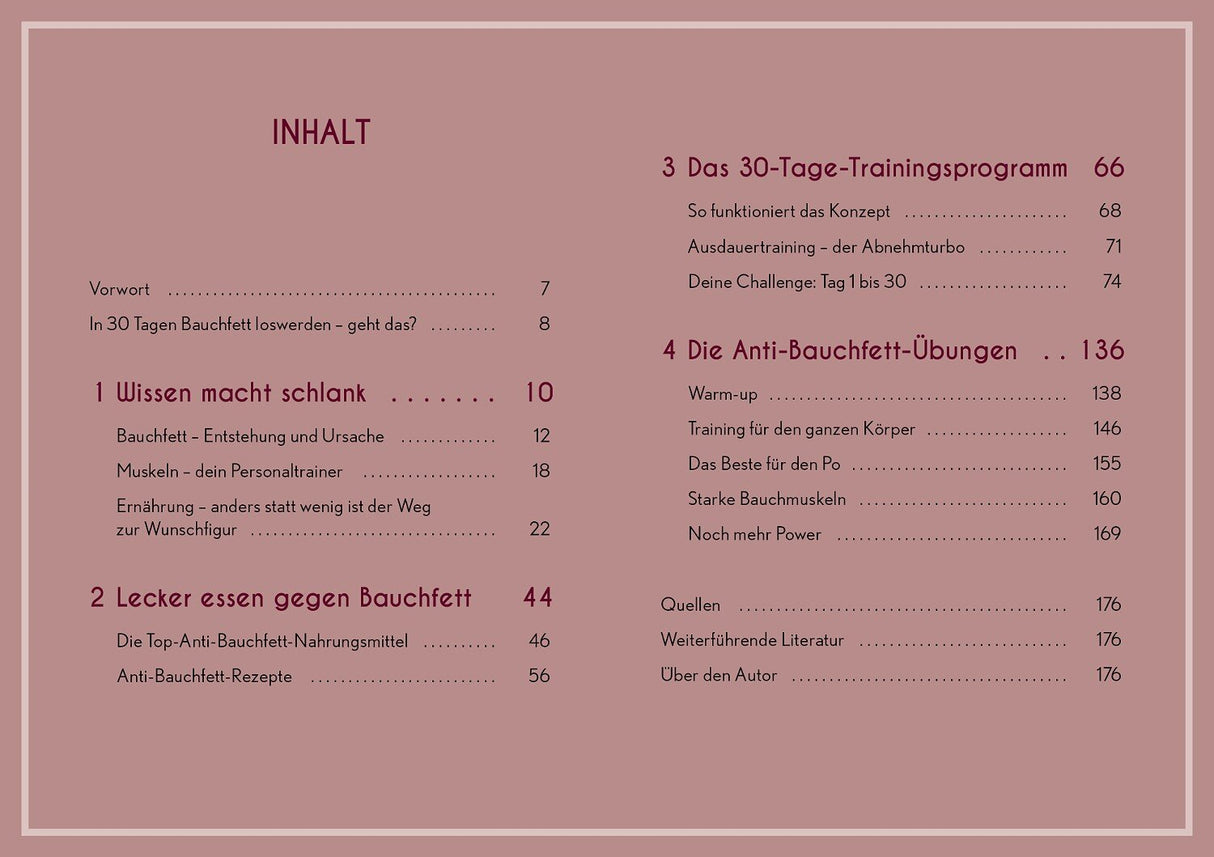Inhaltsverzeichnis mit Kapiteln zu Bauchfett, Ernährung, Trainingsprogramm und Anti-Bauchfett-Übungen.