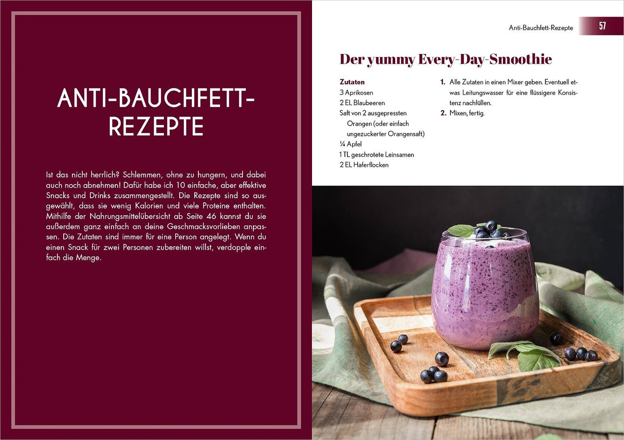 Blaubeer-Joghurt-Smoothie in einem Glas mit Beeren, Minzblatt und auf Holztablett, daneben einige Beeren und Blätter.
