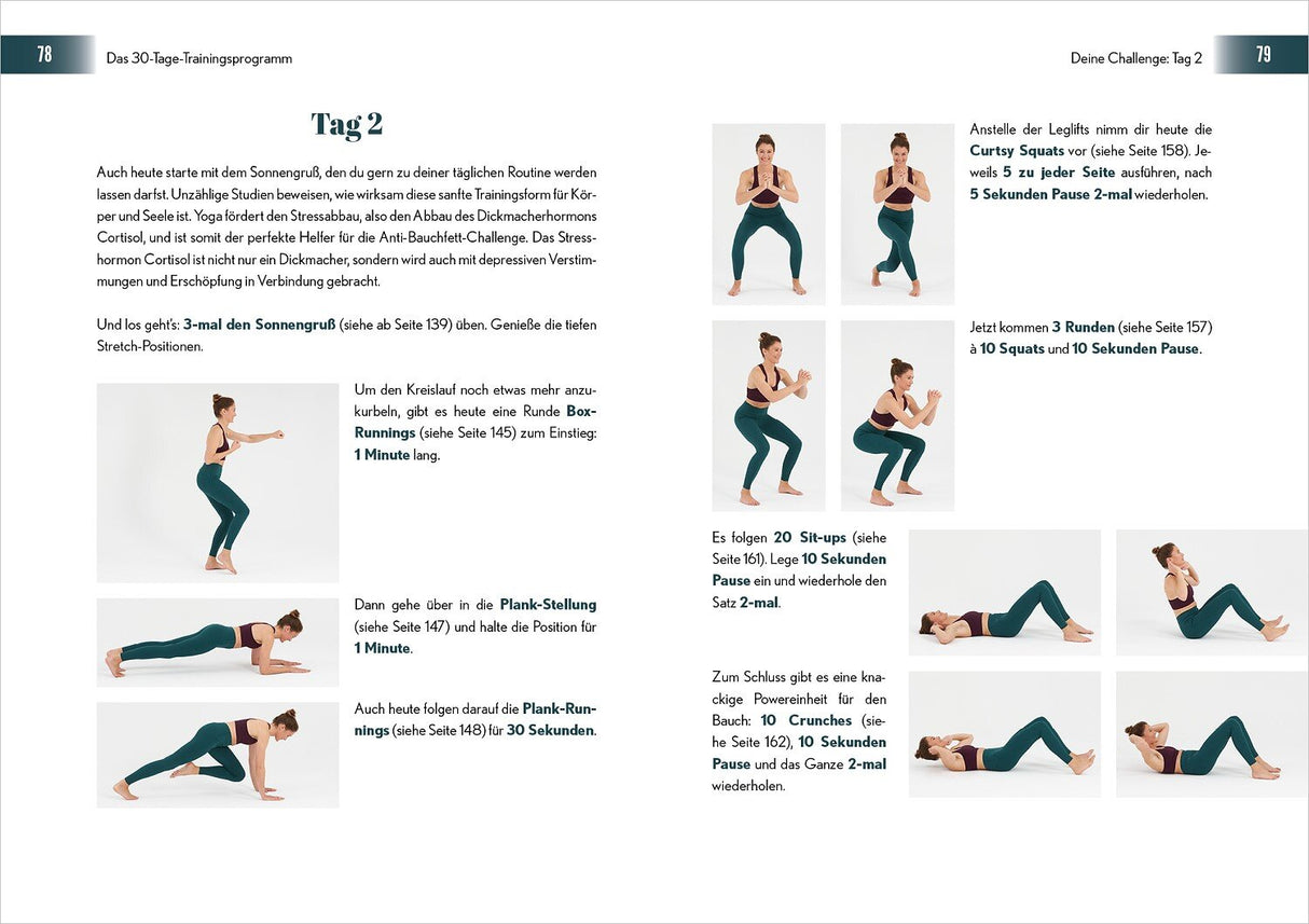 Frau in Sportkleidung zeigt verschiedene Fitnessübungen in Schritt-für-Schritt-Bilder.