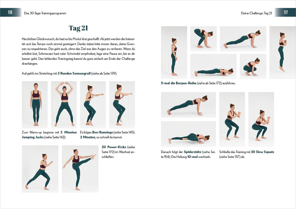 Sechs Bilder einer Frau in Sportkleidung, die verschiedene Dehn- und Kraftübungen in einer weißen Umgebung ausführt.