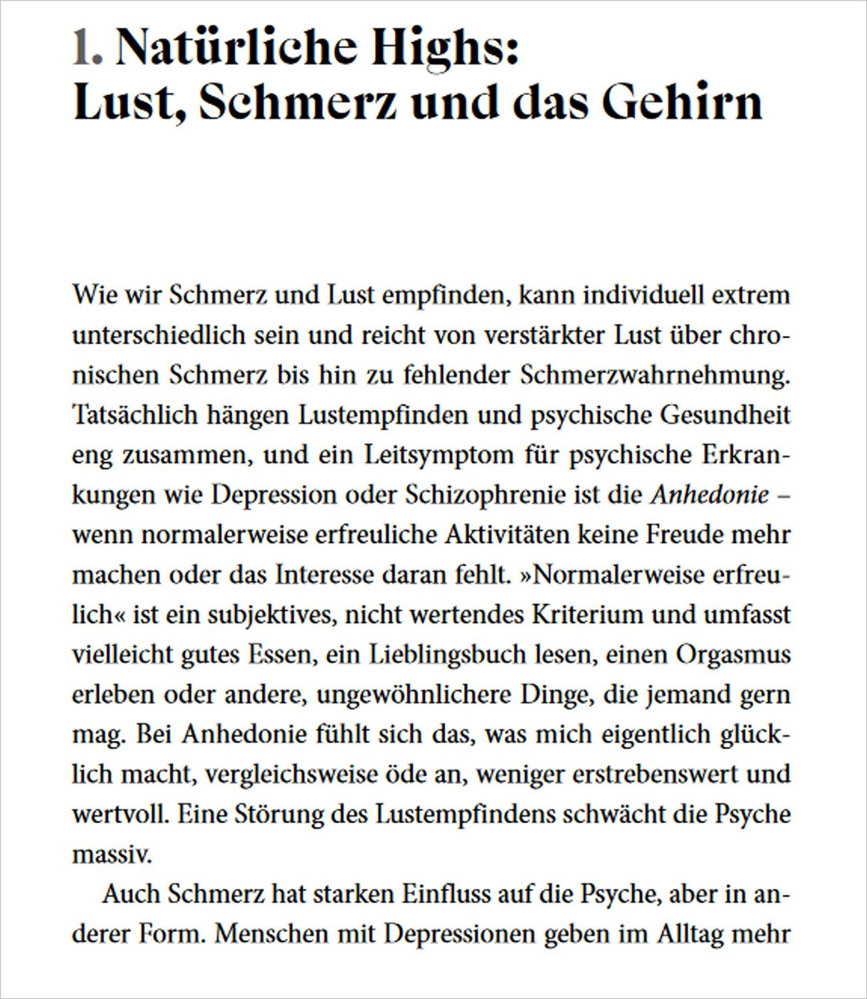 Titel: "Natürliche Highs: Lust, Schmerz und das Gehirn" mit Text über Schmerz, Lust, psychische Gesundheit und Anhedonie.