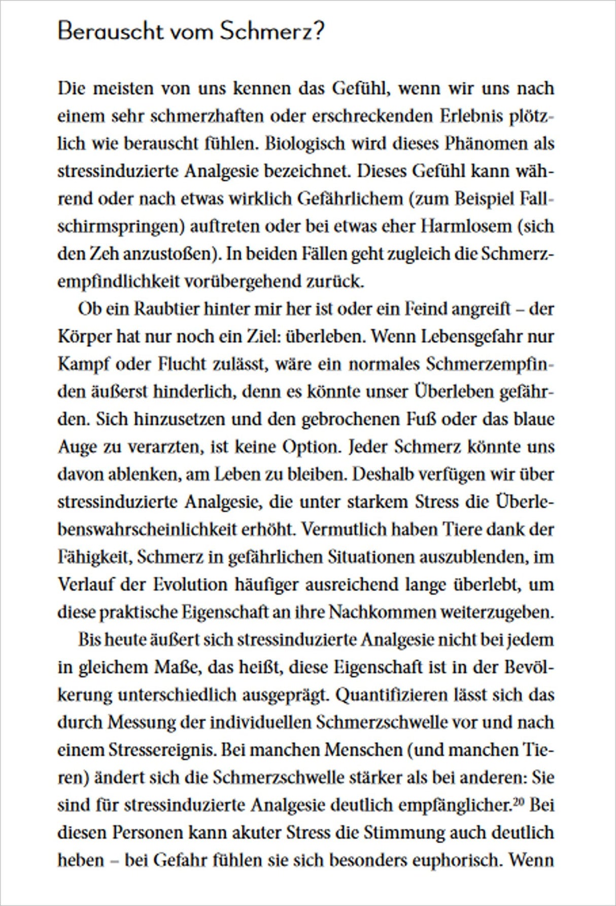 Textabschnitt über Schmerzempfindlichkeit, Stressinduzierte Analgesie und Tierverhalten bei Gefahr.