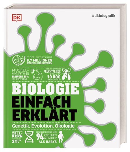 Buchcover mit grünem Virus-Illustration, Titel "Biologie Einfach Erklärt"