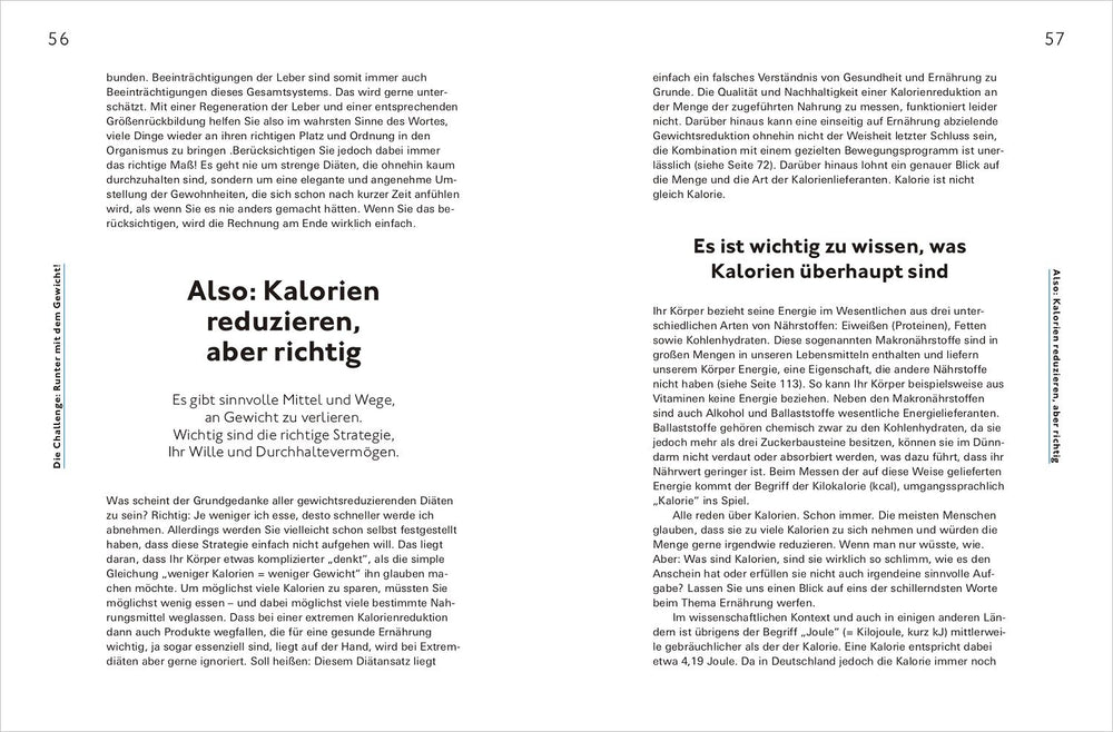 Zwei Buchseiten mit Text über Kalorien, Ernährung und Diäten, Überschrift: "Also: Kalorien reduzieren, aber richtig".