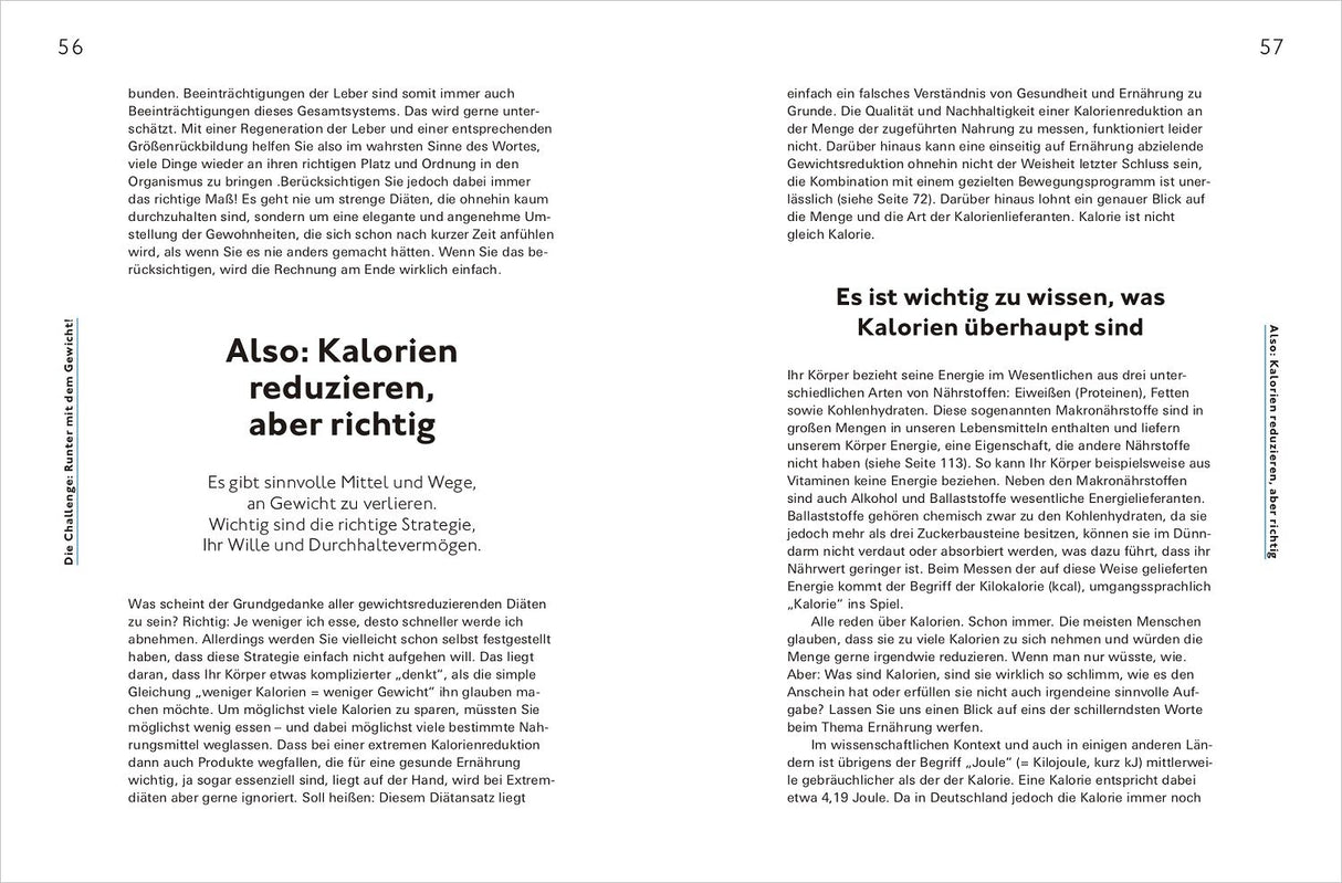 Zwei Buchseiten mit Text über Kalorien, Ernährung und Diäten, Überschrift: "Also: Kalorien reduzieren, aber richtig".