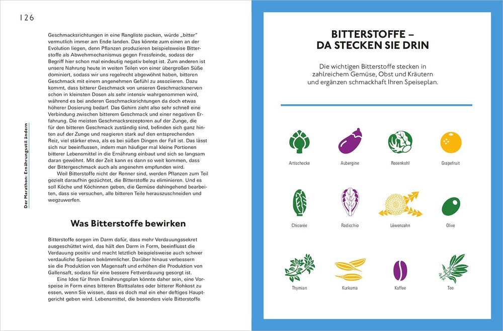Seite mit Text über Bitterstoffe und eine Tabelle mit bunten Illustrationen verschiedener bitterstoffhaltiger Lebensmittel.
