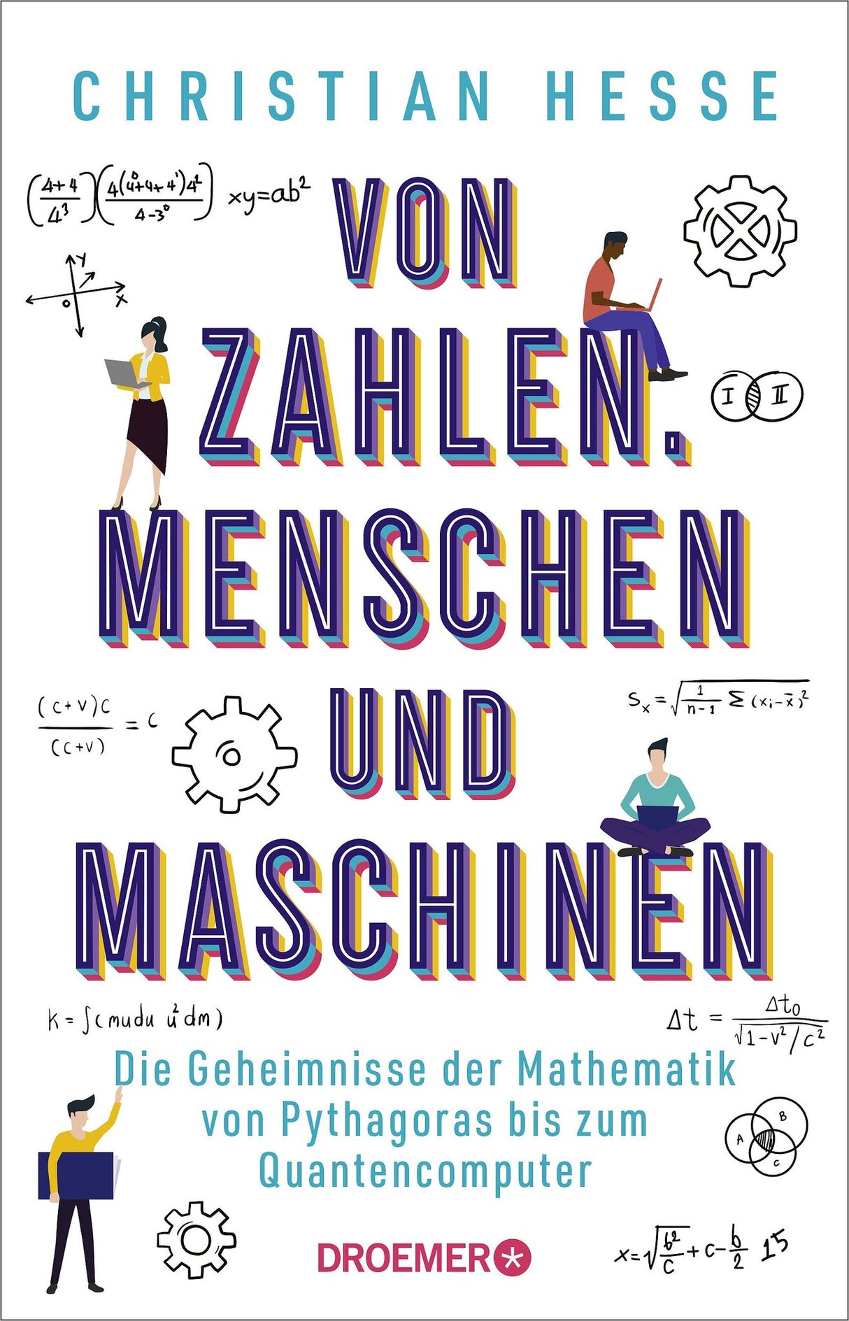 Buchcover mit Titel "Von Zahlen, Menschen und Maschinen" und Illustrationen von Menschen, Formeln und Zahnrädern.