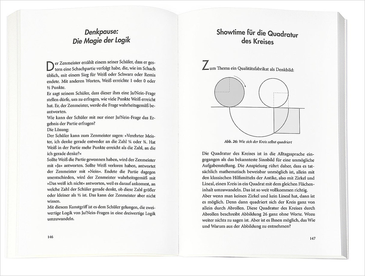 Zwei Buchseiten mit Text, Diagramm eines Kreises, der sich quadratisch selbst abbildet, und eine Überschrift.
