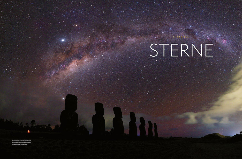 Silhouette der Moai-Statue auf Osterinsel vor Sternenhimmel mit Milchstraße.