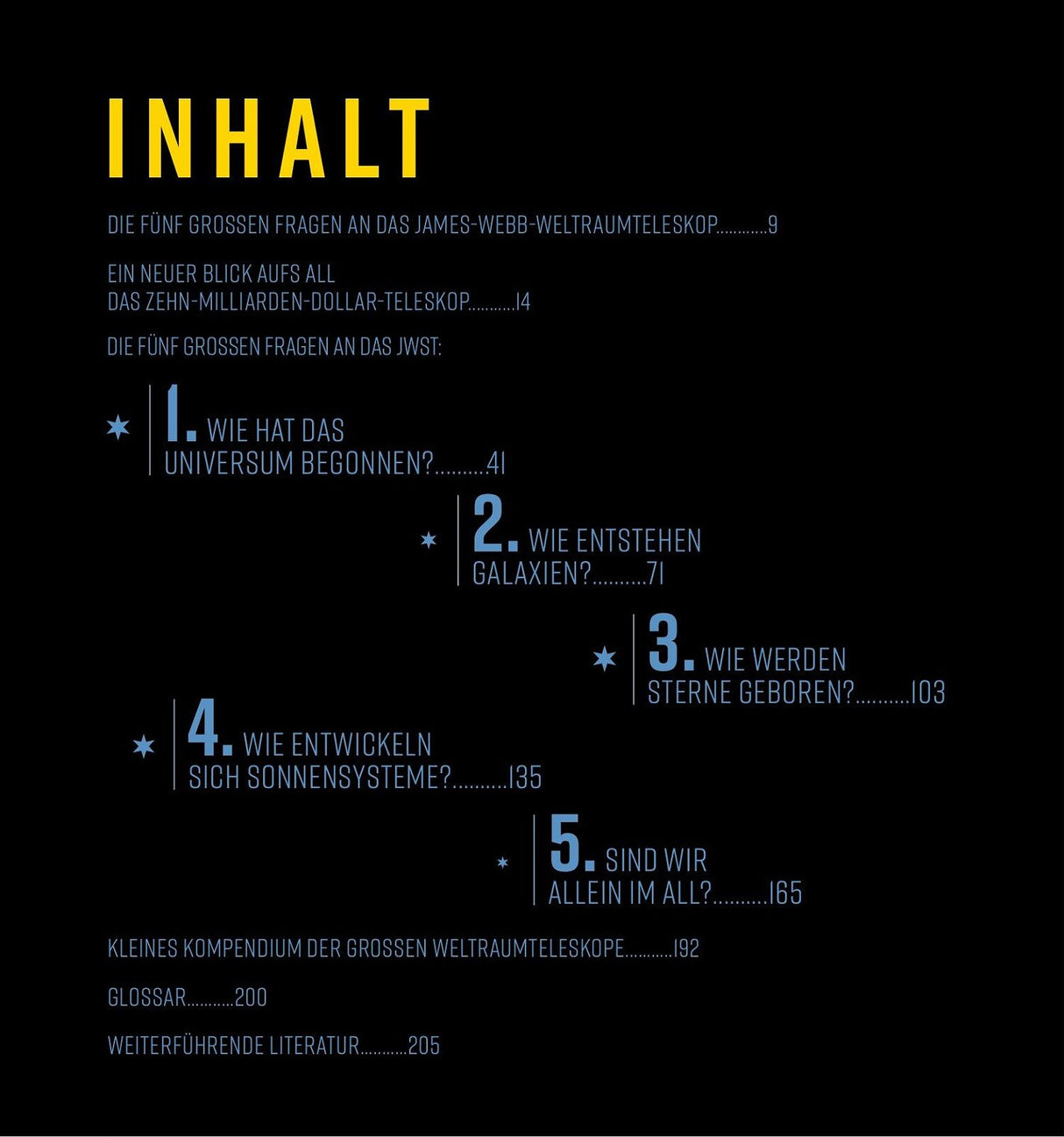 Inhaltsverzeichnis mit fünf Fragen zum Universum, Seitenzahlen, und weiteren Kapiteln.