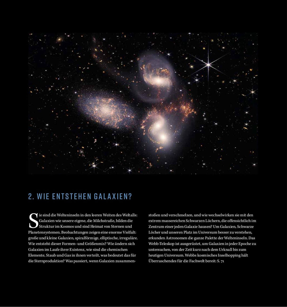 Bild zeigt eine Aufnahme von mehreren Galaxien im Weltall mit Sternen und schwarzen Löchern.