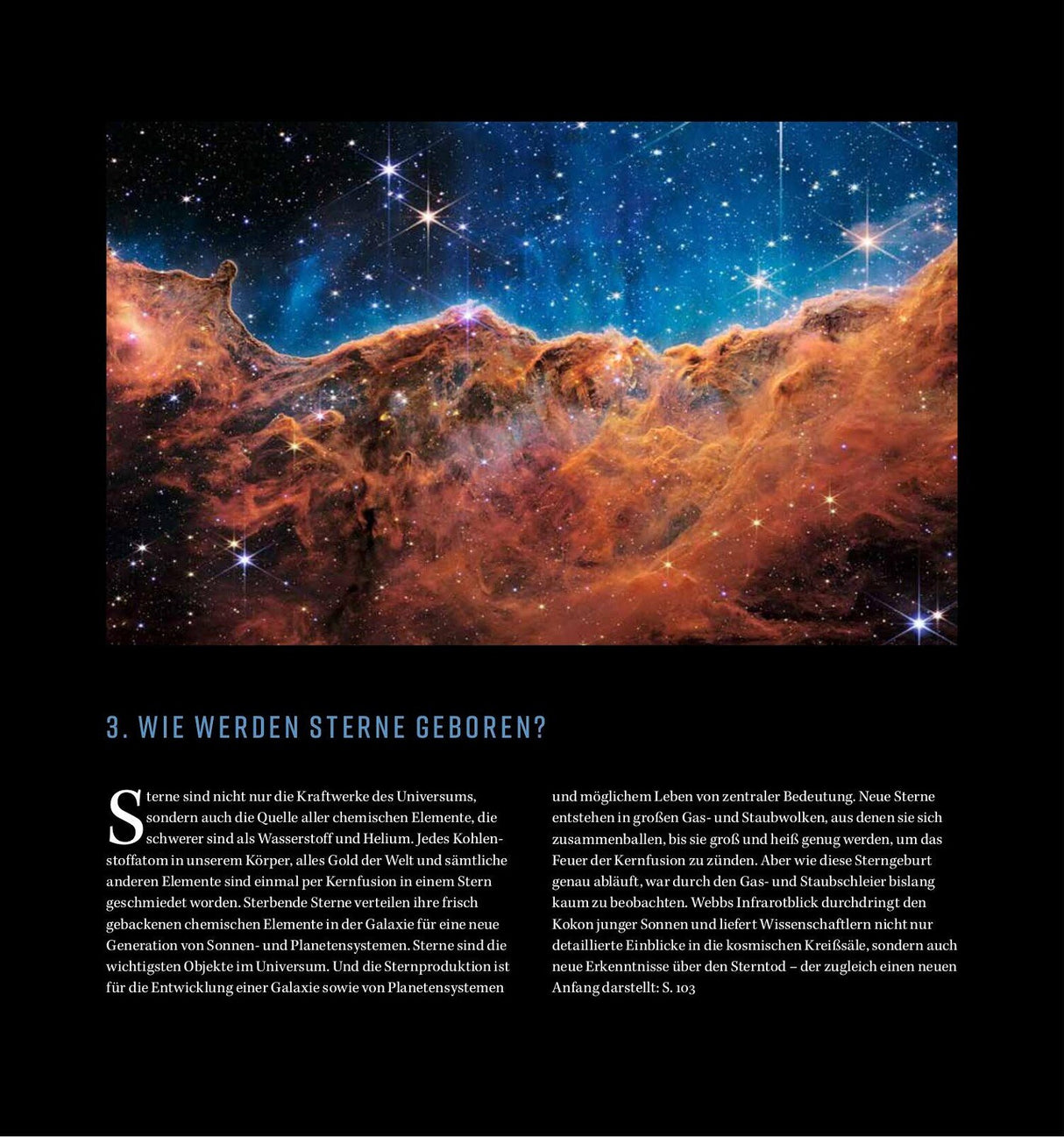 Bild eines bunten Weltraums mit Sternen, Gas- und Staubwolken.