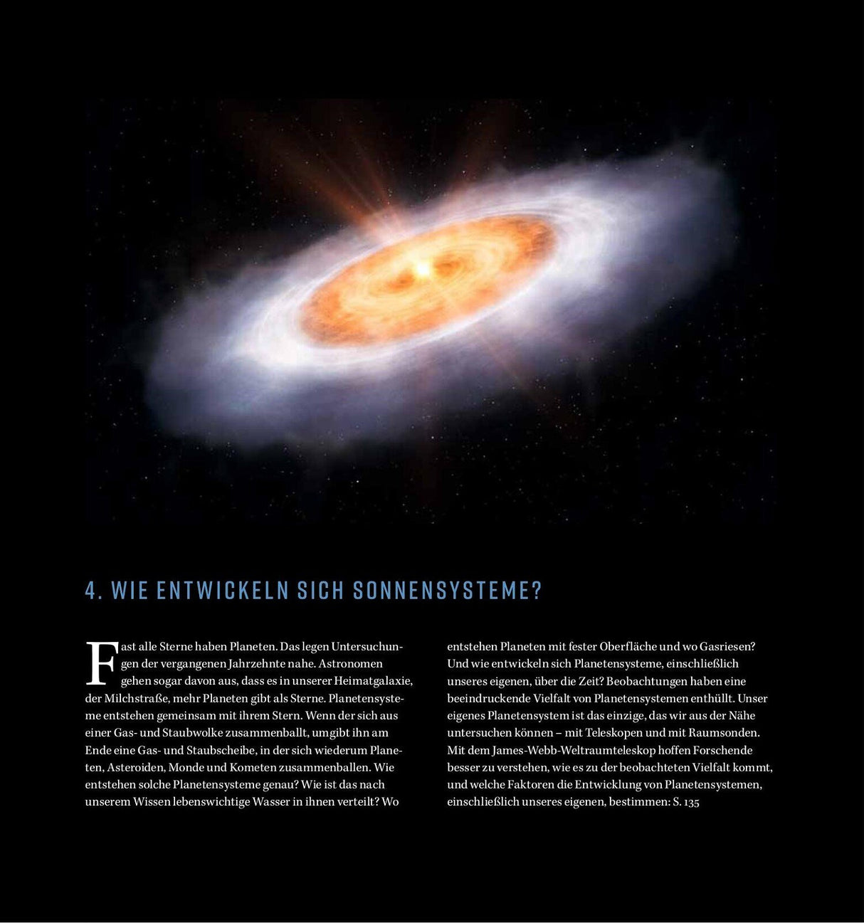 Bild eines schwarzen Lochs mit leuchtendem Rand und Staubscheibe im All.