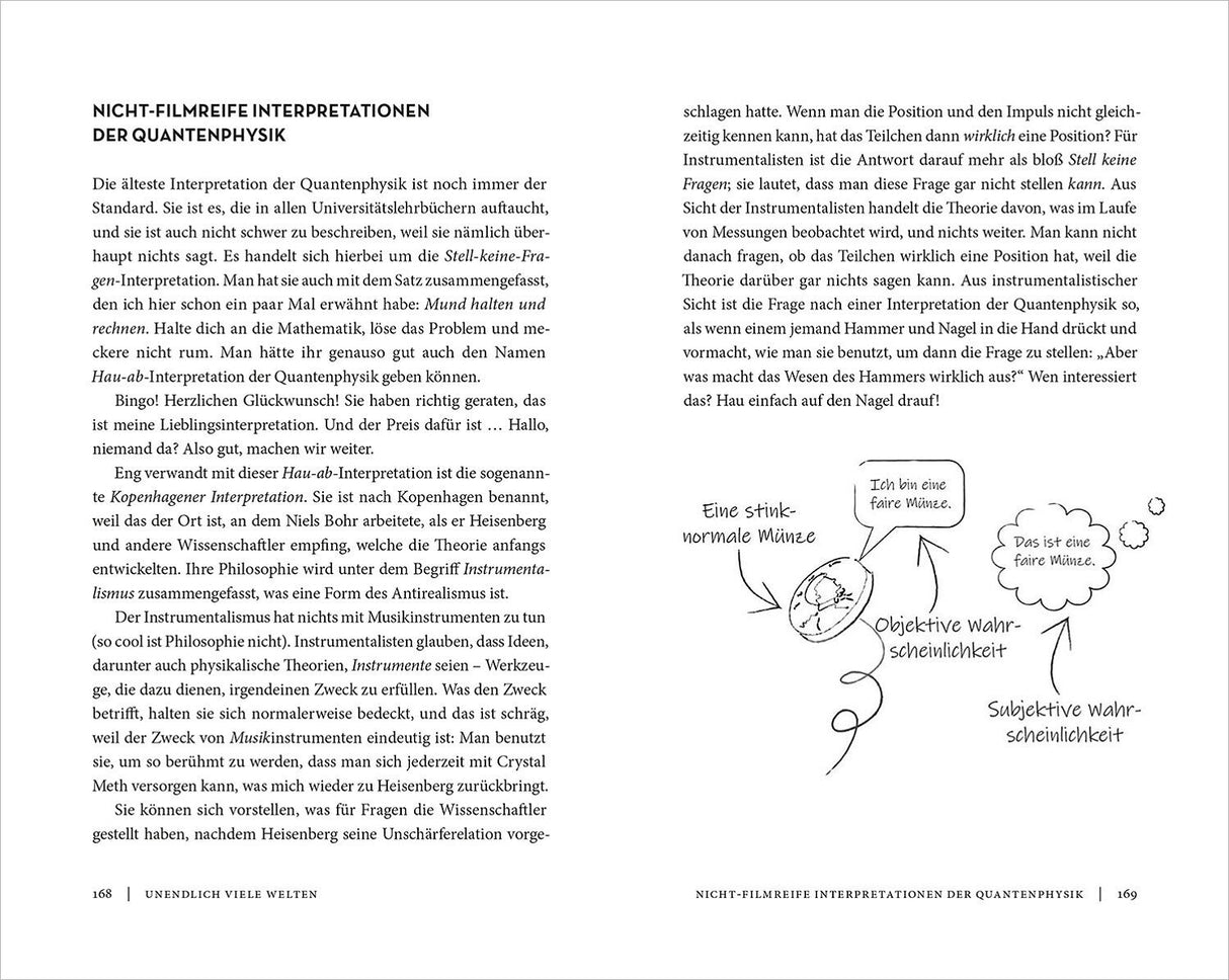 Seiten mit Text über Quantenphysik-Interpretationen und eine Skizze mit einer Erde, einer stinknormalen Münze