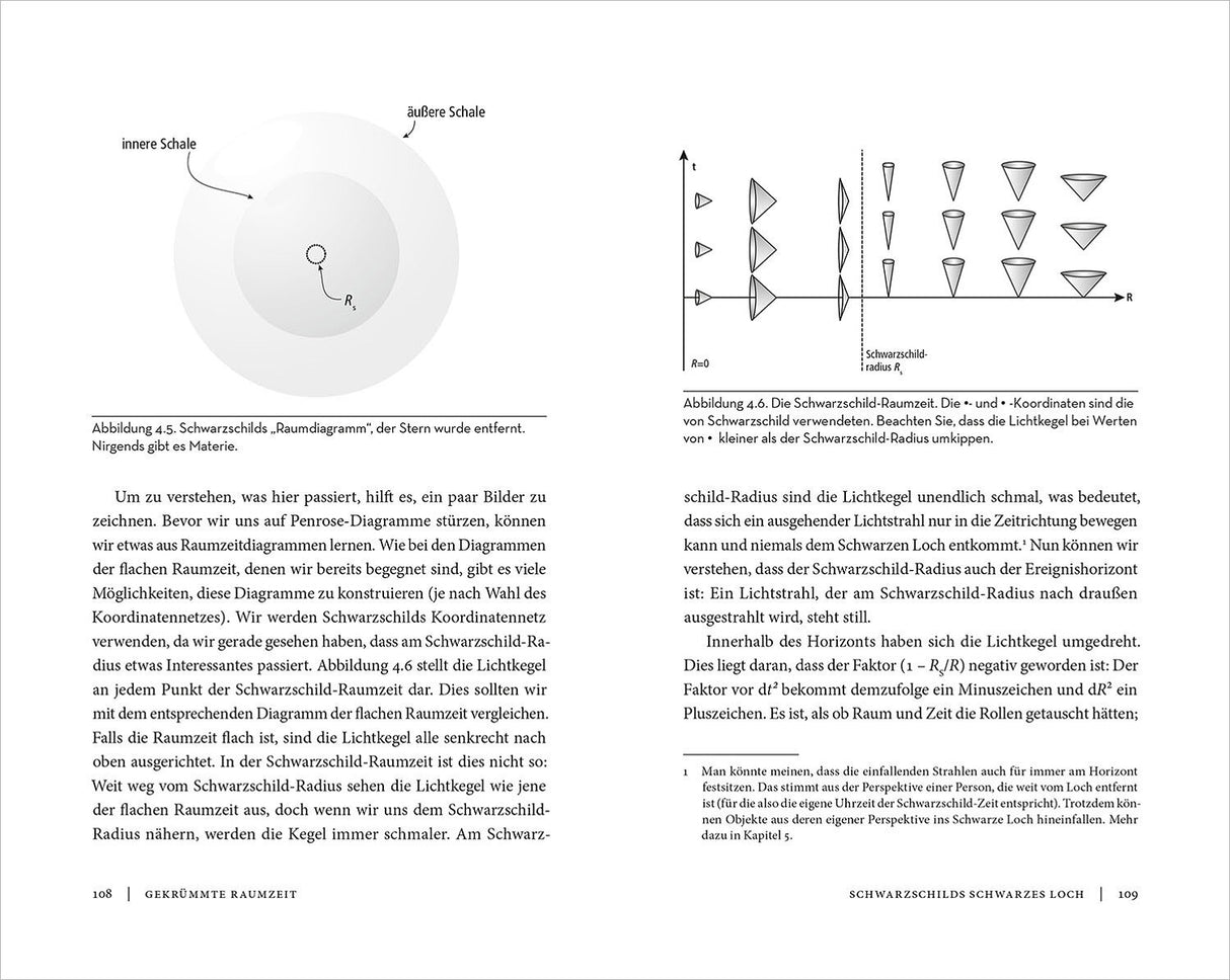 Diagramm und Zeitdiagramm des Schwarzen Schilds, zeigt die Raumzeit- und Lichtkegel um einen Schwarzen Loch.