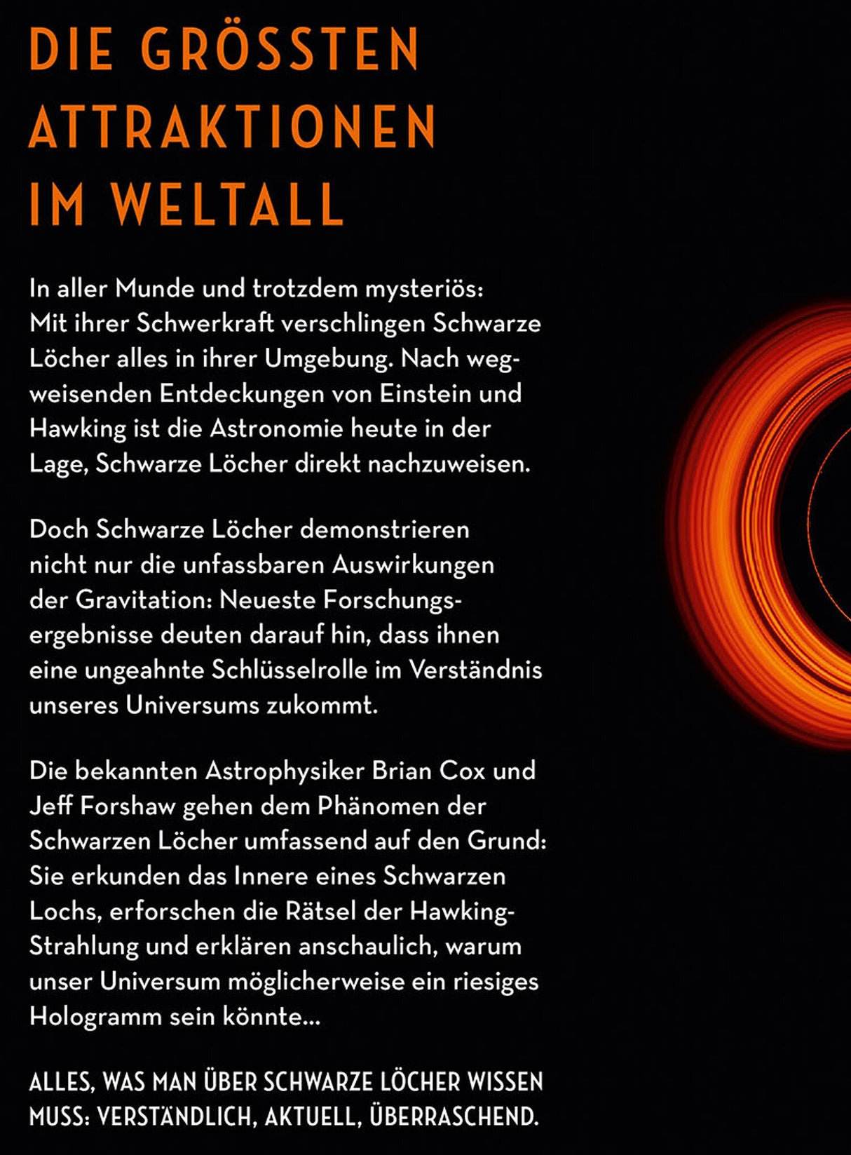 Titel: "Die größten Attraktionen im Weltall" mit Text über Schwarze Löcher und ihre Bedeutung.