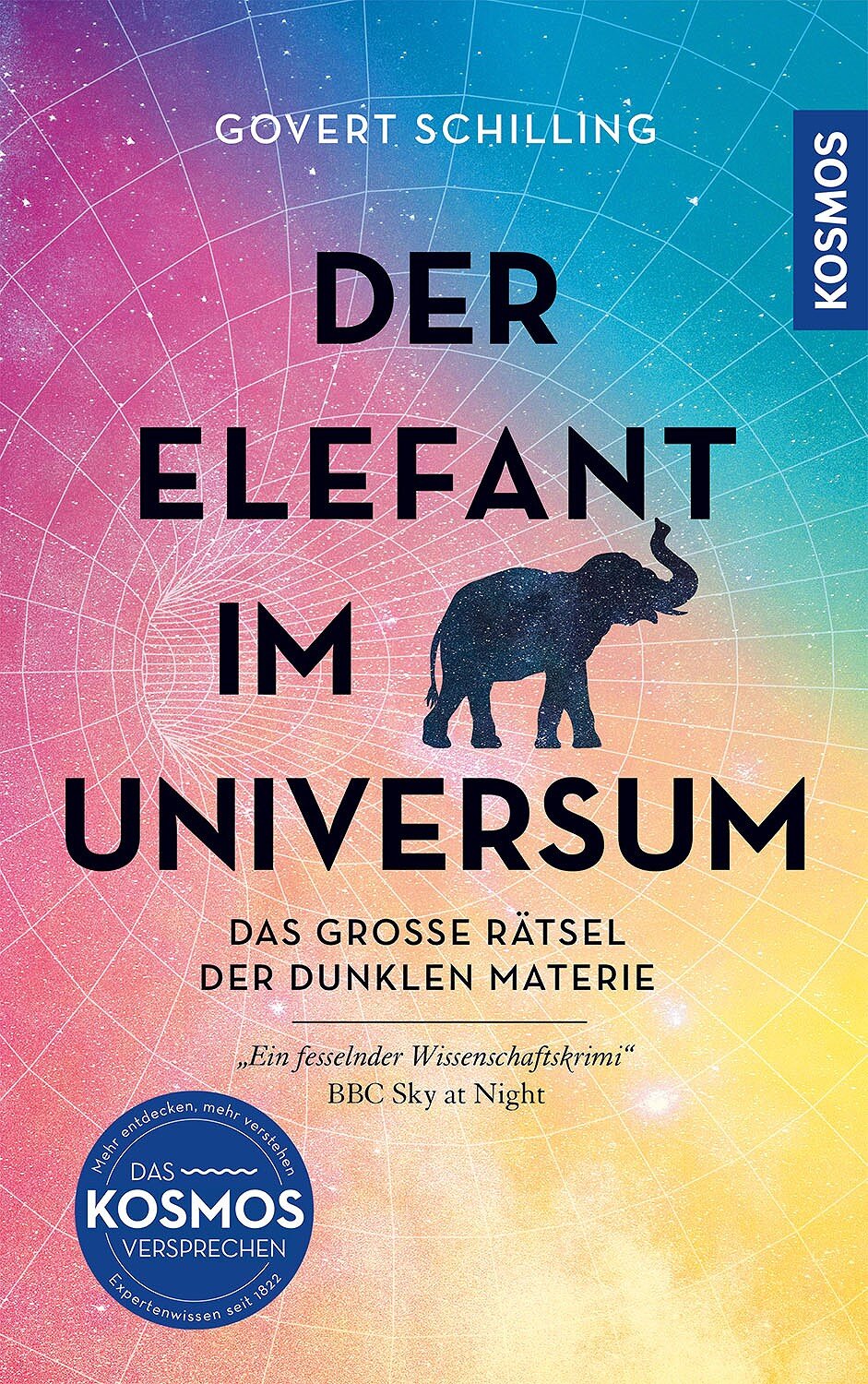 Buchcover mit buntem, sternenähnlichem Hintergrund, schwarzem Elefanten-Silhouette und Titel "Der Elefant im Universum".