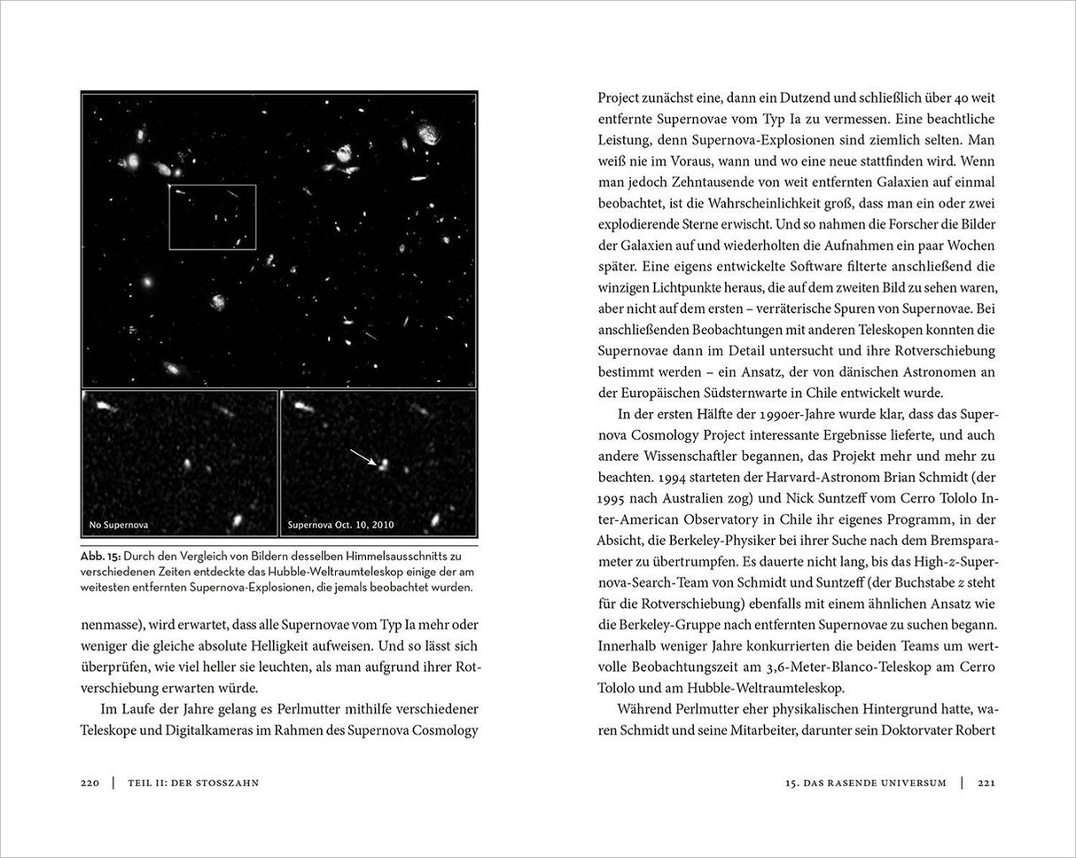 Drei Schwarz-Weiß-Bilder von Supernova-Explosionen, mit Beschriftung und Vergleichszeitpunkten.