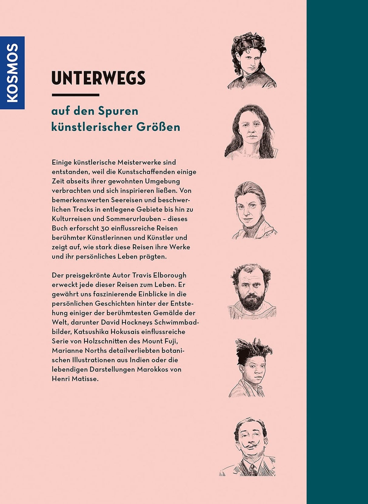 Fünf handgezeichnete Porträts von Menschen in vertikaler Anordnung, rechts auf rosa Hintergrund, links Text in deutscher Sprache.