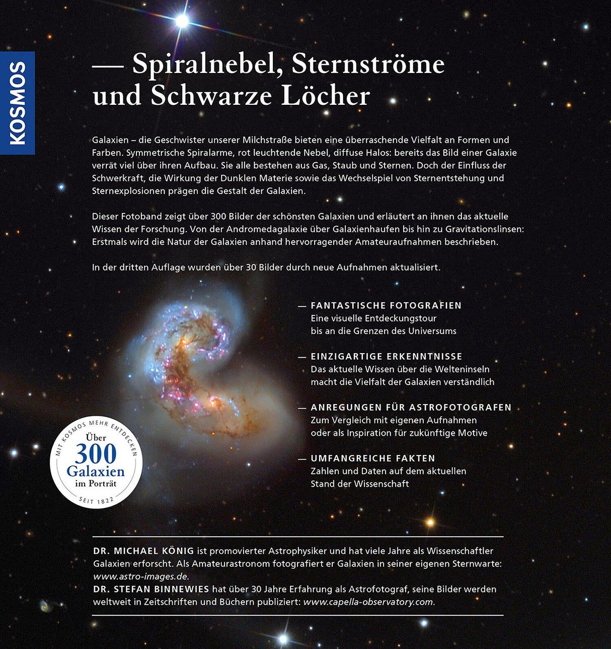 Bild mit Spiralgalaxie, Sternen und schwarzen Löchern, umgeben von Sternen im All.