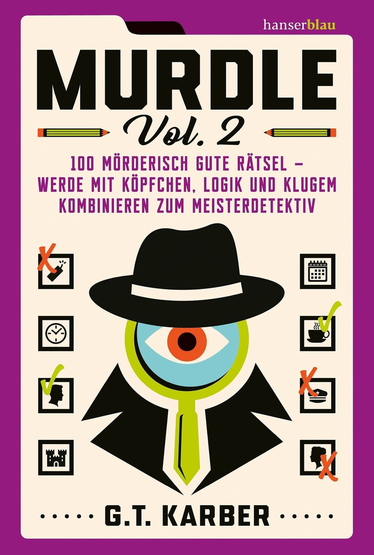 Buchcover mit Titel "Murdle Vol. 2", Illustration eines Auges mit Hut und Anzug, umgeben von Symbolen und Text.