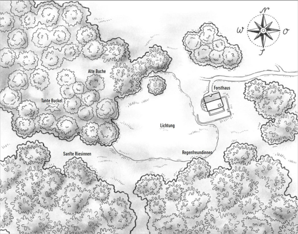 Schwarz-weiße Karte mit Bäumen, einem Haus, einem Teich, Weg und Kompass, mit Beschriftungen: Alte Buche, Tante Buckel