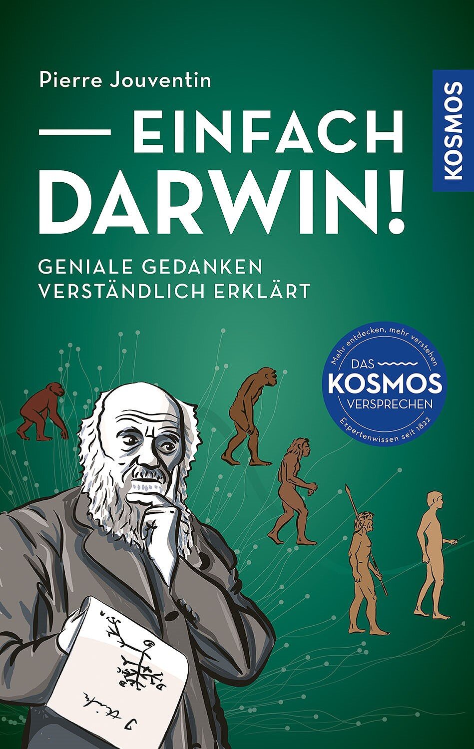 Buchcover mit Illustration von Charles Darwin, Evolution und Affen, grüner Hintergrund, Titel "Einfach Darwin!"