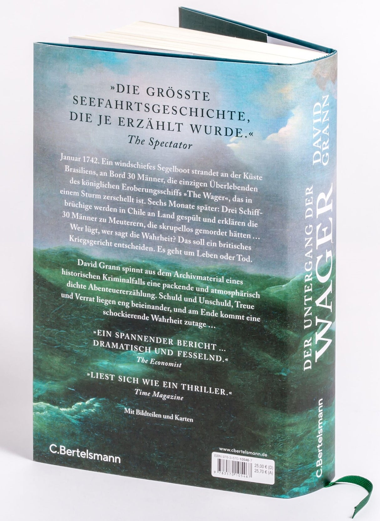 Buchcover mit Himmel, Meer und grünen Wellen, Titel "Der Untergang der Wager" und Textausschnitte.