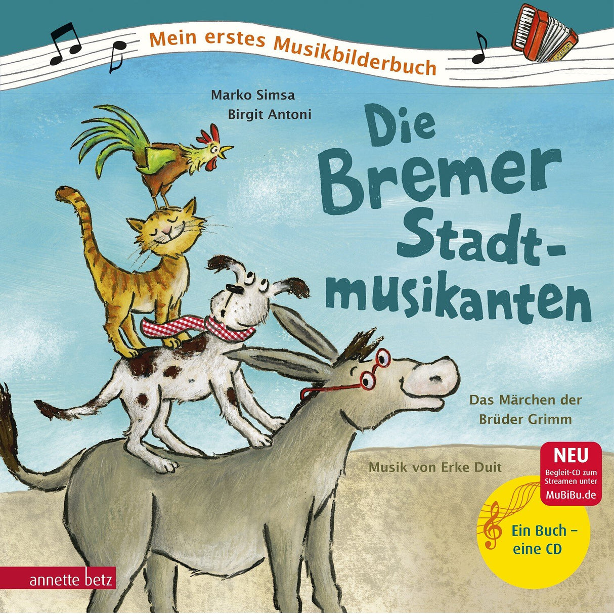 Buchcover mit einem Esel, einem Hund, einer Katze und einem Hahn auf dem Rücken, vor blauem Himmel, Titel und Autorenangaben.