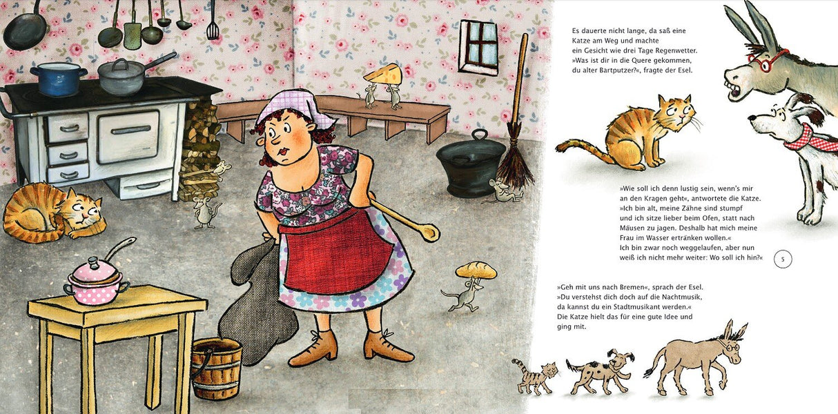 Frau in Küche mit Topf, Katzen, Mäusen, Kochutensilien, Wand mit Blumenmuster, Text auf rechter Seite.
