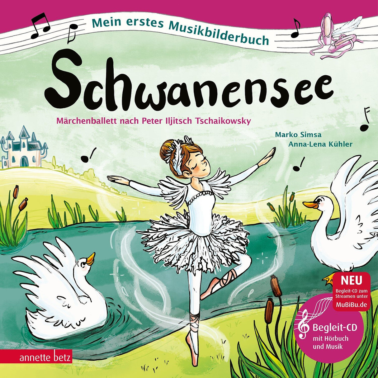 Illustration eines Balletttänzers in Schwanenkostüm, umgeben von Schwänen, Wasser, Gräser und einem Schloss im Hintergrund.