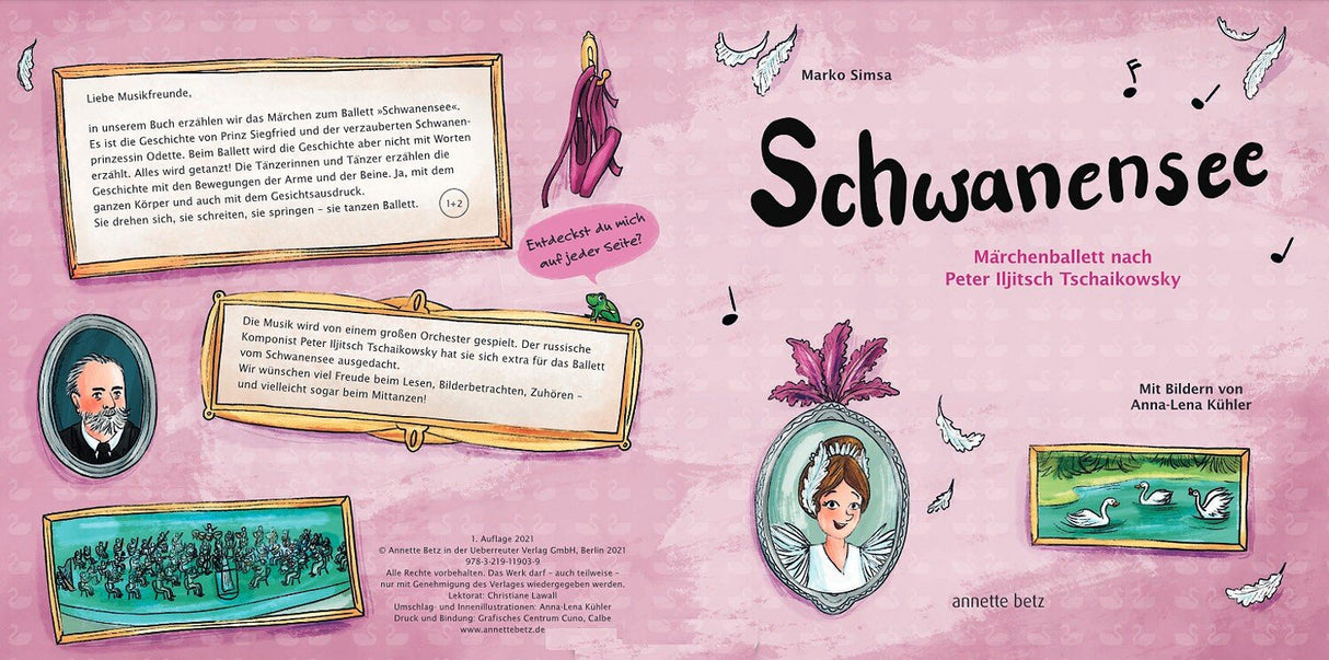 Buchcover mit pinkem Hintergrund, Titel "Schwanensee", Illustration einer Ballerina im Spiegel, Schwäne und Federn, Textblöcke