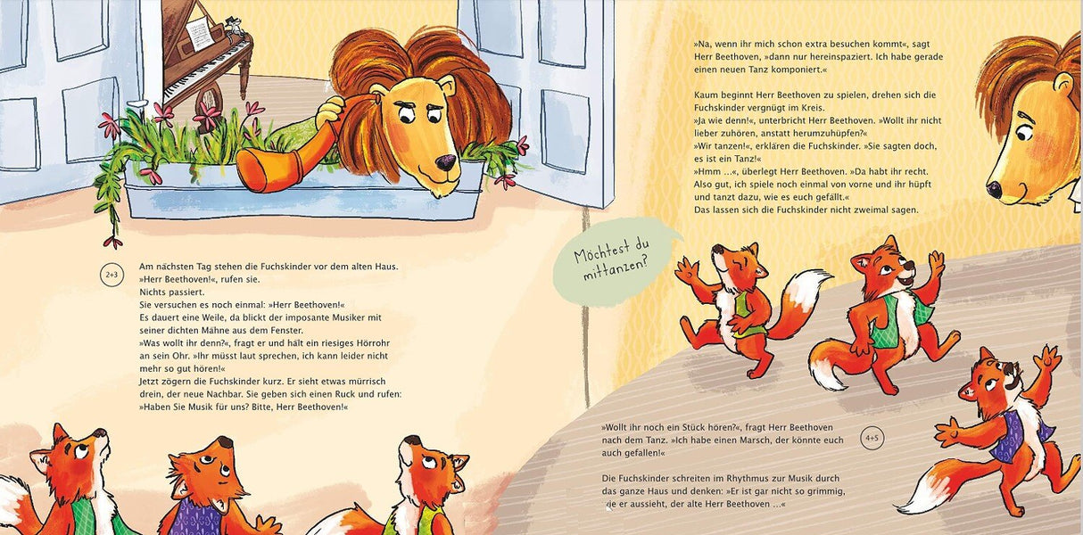 Ein Löwe schaut aus einem Fenster, umgeben von Fuchskindern, die tanzen und sich unterhalten.